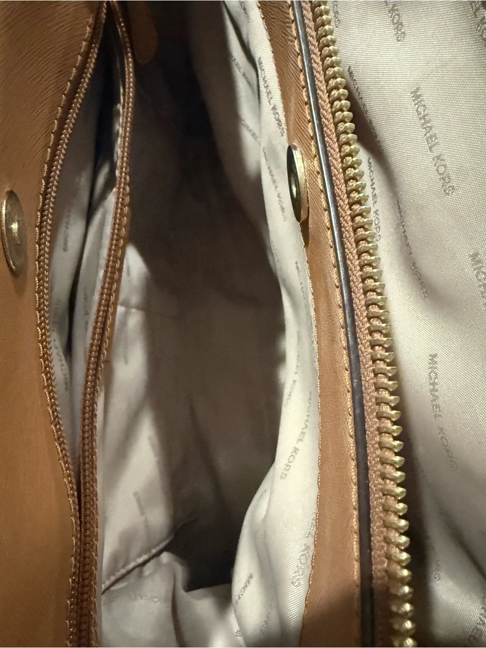 Michael Kors Brown & Tan Logo Satchel with Gold MK Charm